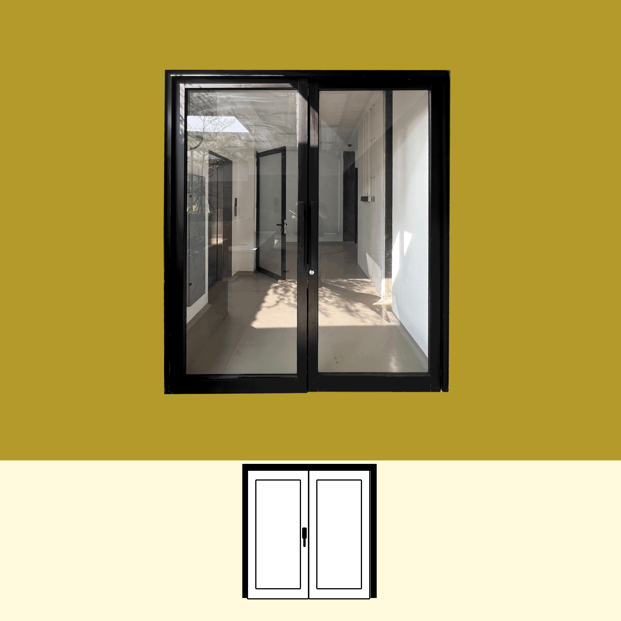 Pintu swing kaca — ilustrasi bukaan berengsel.