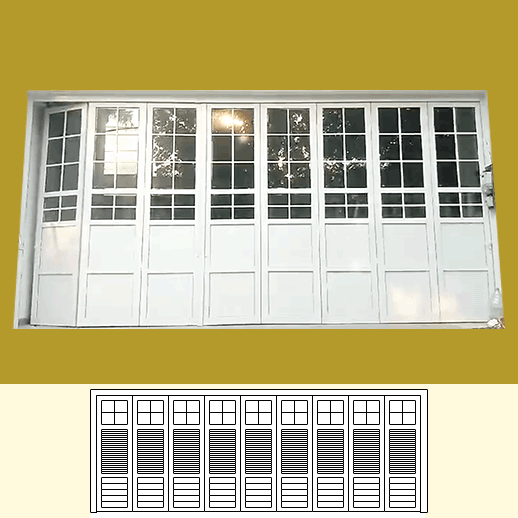 Variasi pintu garasi lipat — ilustrasi panel yang dikumpulkan ke samping.